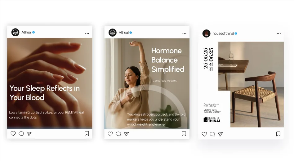 Three social posts for wellness and furniture brands