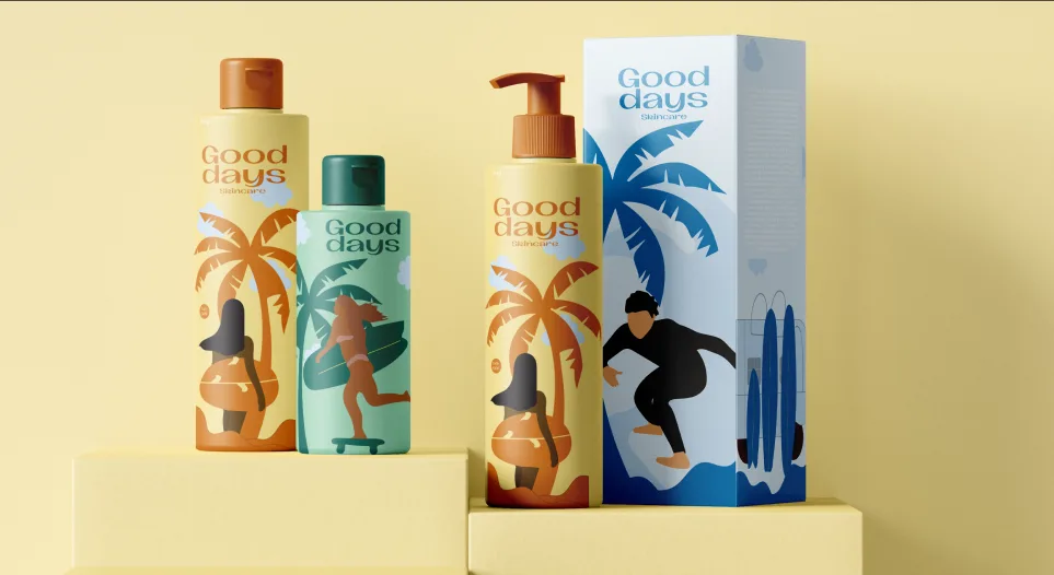 Good Days skincare bottles and box on a yellow plinth
