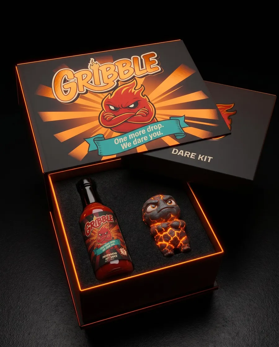 Gribble Dare Kit: a hot sauce bottle and the lava-gremlin figure in a black gift box