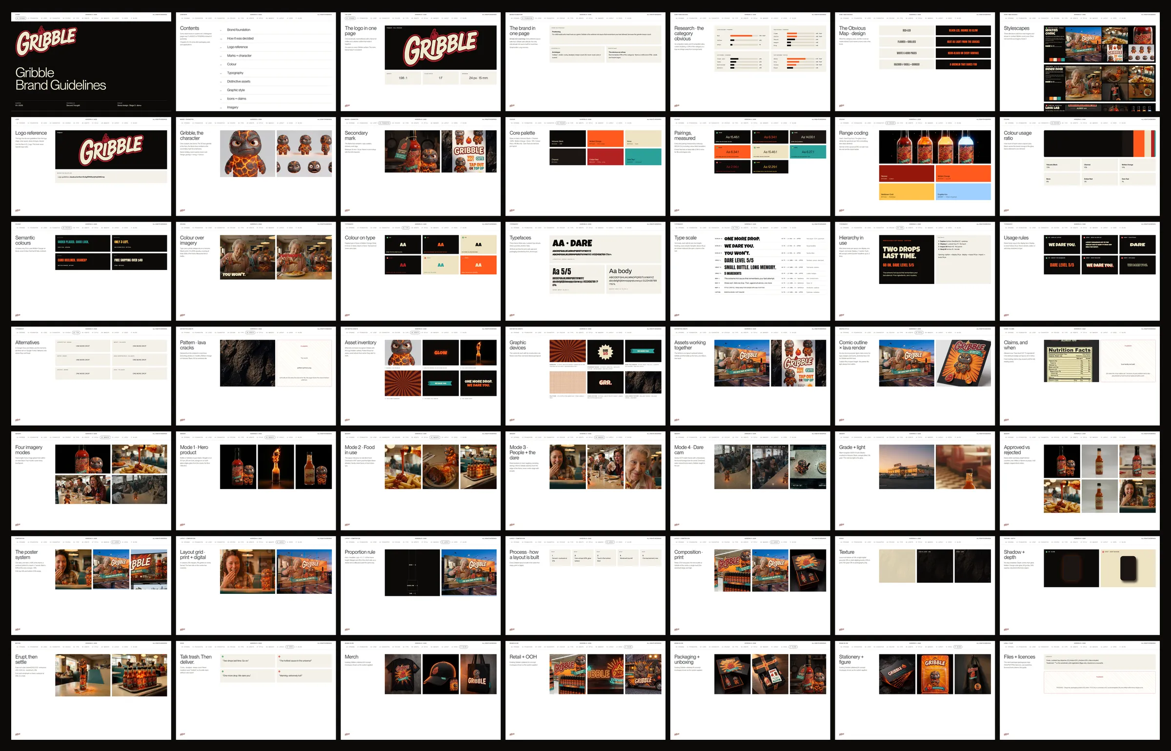 All 49 pages of the Gribble brand guidelines hub, laid out in a grid