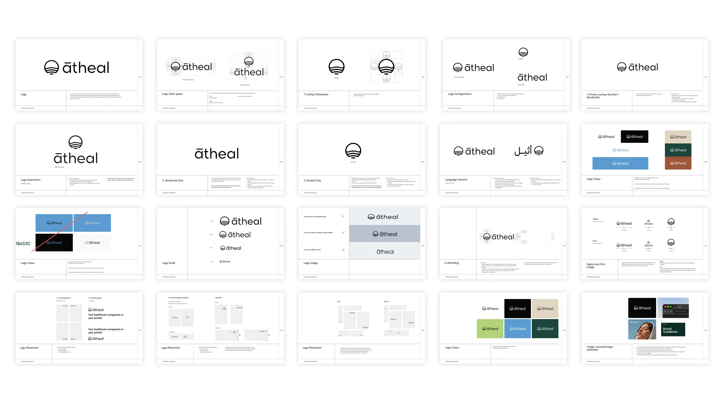 Logo guide spreads: lockups, clear space, configurations, colour, scale, misuse and placement