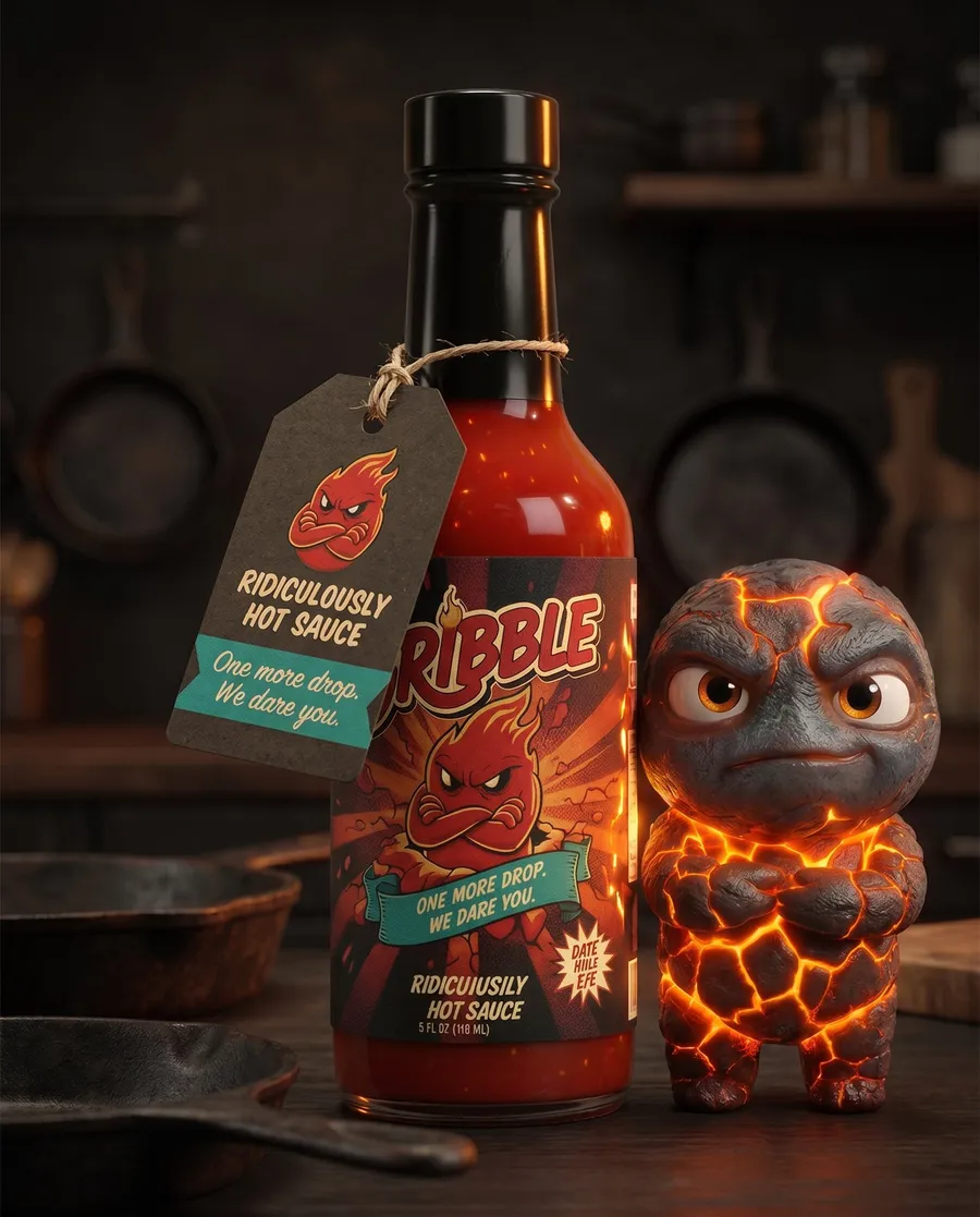 Gribble bottle with a neck tag, beside the figure