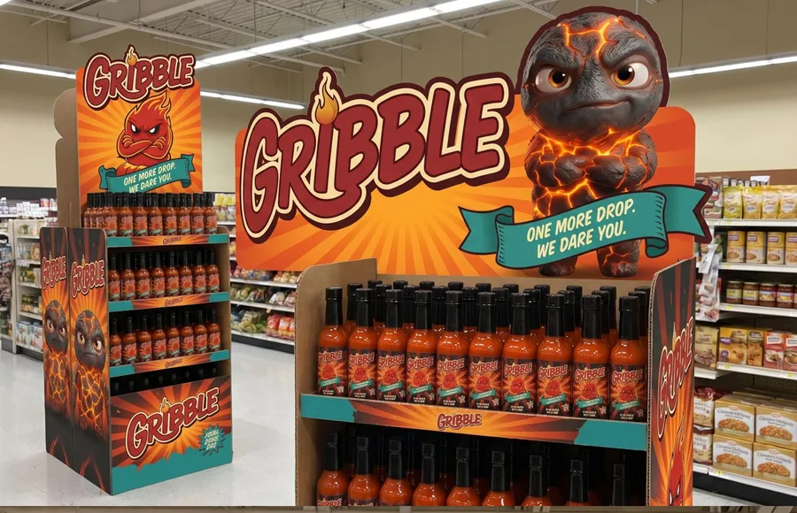 Gribble retail shelf display with the character on top