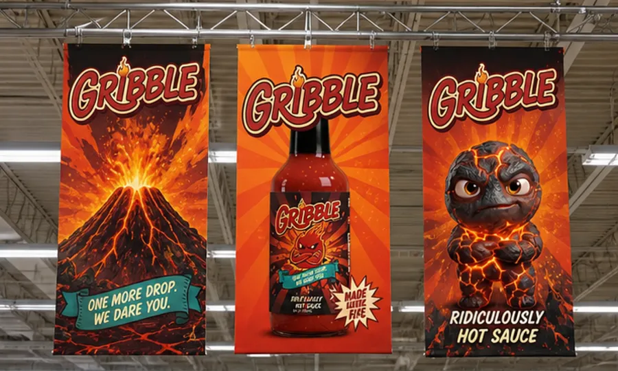 Three hanging in-store banners