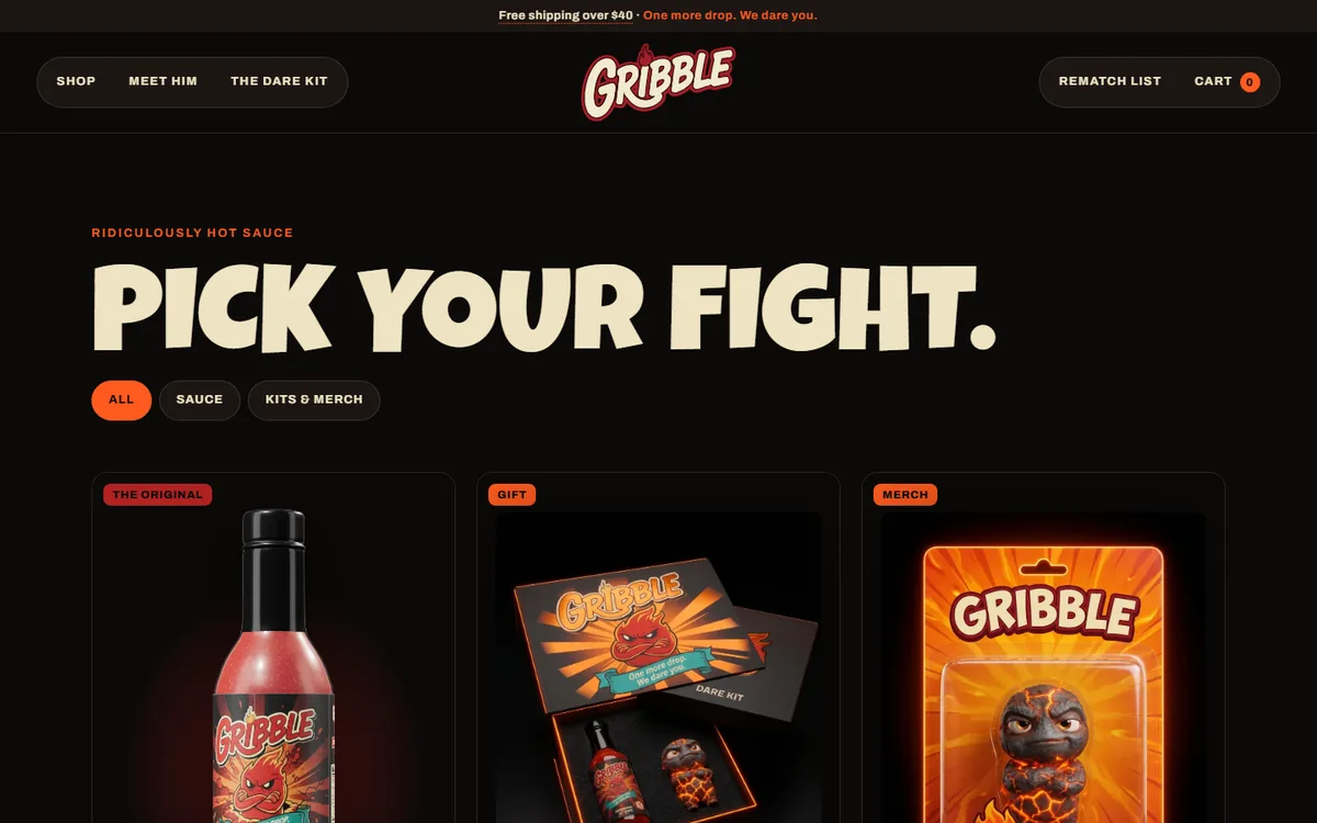 Gribble store shop page: Pick your fight, with the bottle, the Dare Kit and the figure