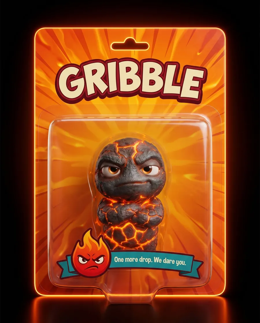 Gribble, the grumpy lava gremlin, in a collector blister pack